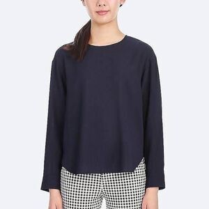 Uniqlo Women's Back Button Rayon Blouse Small Navy Long Sleeve